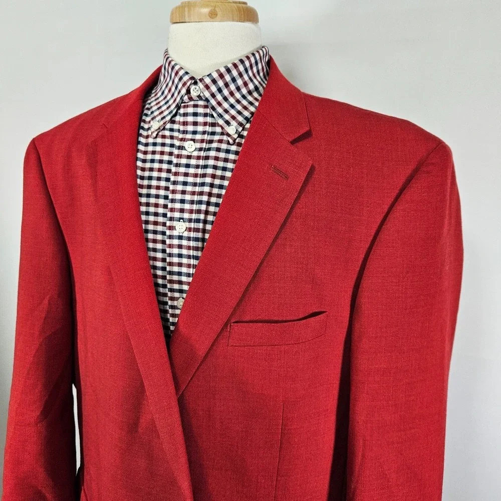 Stafford Essentials Men's Sport Coat Blazer Solid Red Wool Polyester Size 52L